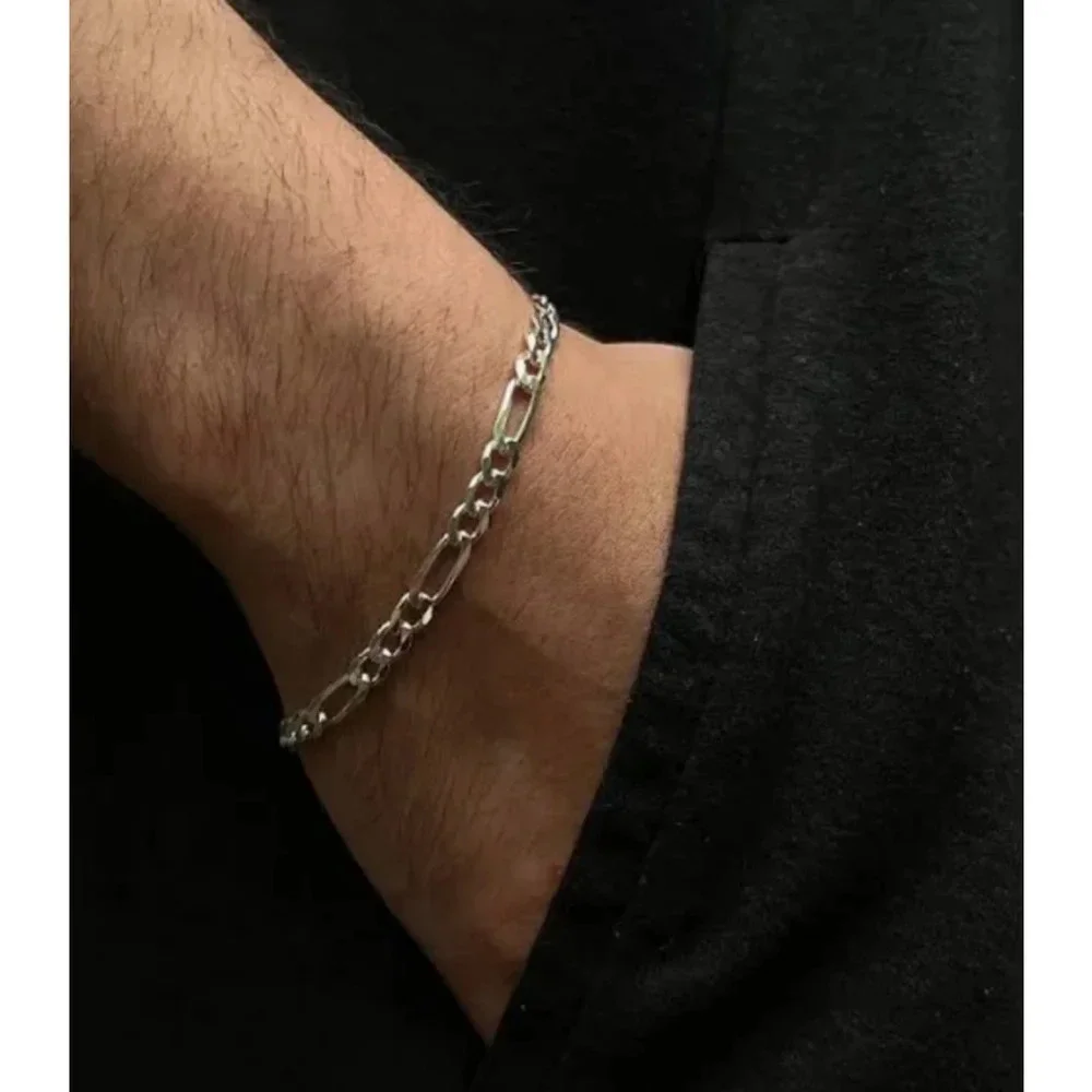 NEW Rhodium Plated 925 Sterling Silver‎ Figaro Chain Bracelet, 8”